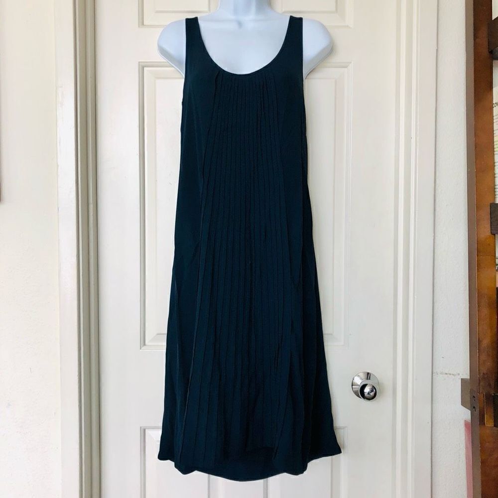 Vintage Eileen Fisher Navy Pleated Silk Midi Tank Dress